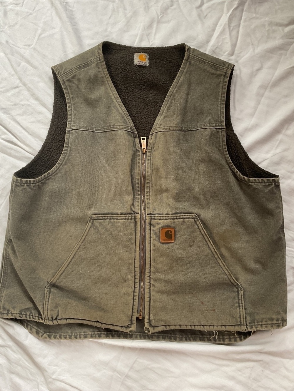 Vintage Carhartt Sandstone Duck Sherpa-Lined Vest Moss Green Men's XL Distressed